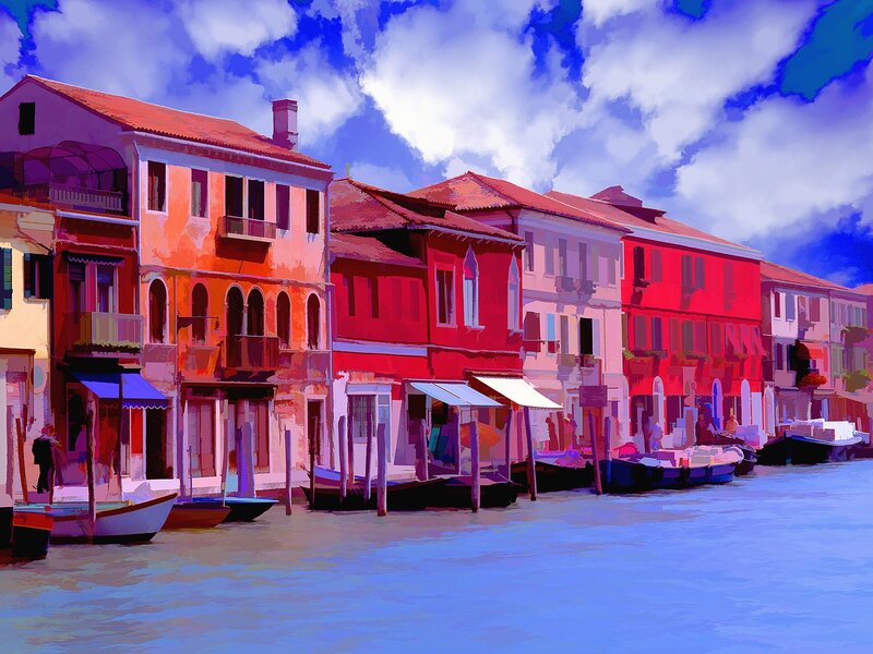 Colorful Buildings Along Canal — Blue, Vibrant