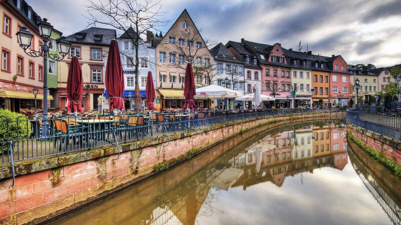 Colorful Buildings Along Canal — Red, Dramatic, Afternoon