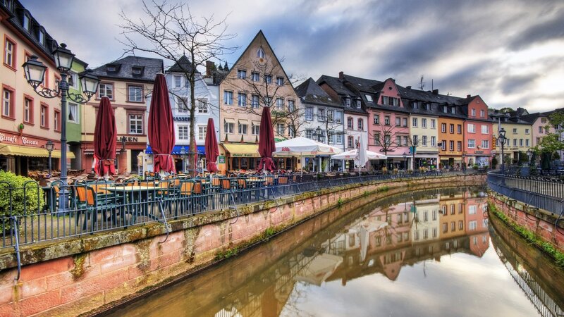 Colorful Buildings Along Canal — Red, Dramatic
