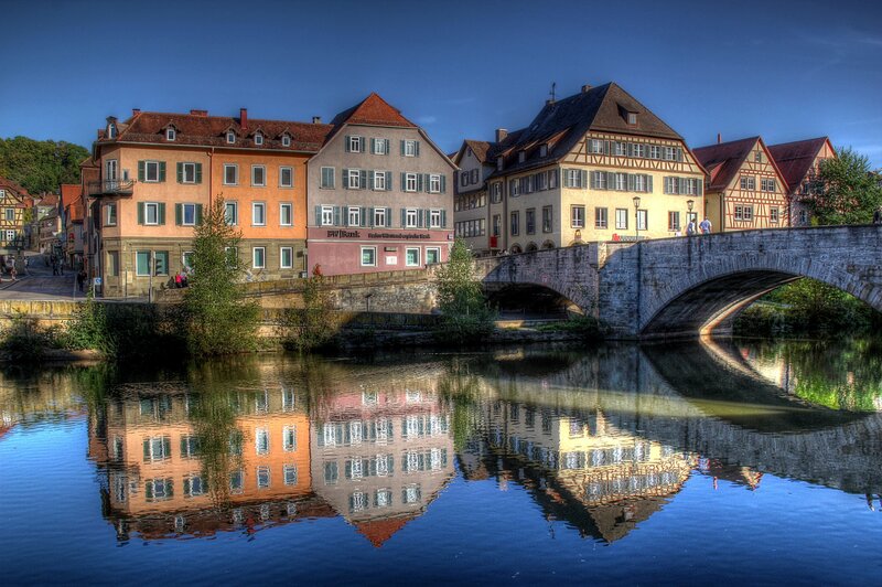 Colorful Buildings and Bridge