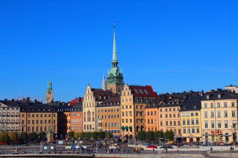 Colorful Buildings and Church Spire