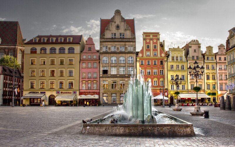 Colorful Buildings and Fountain