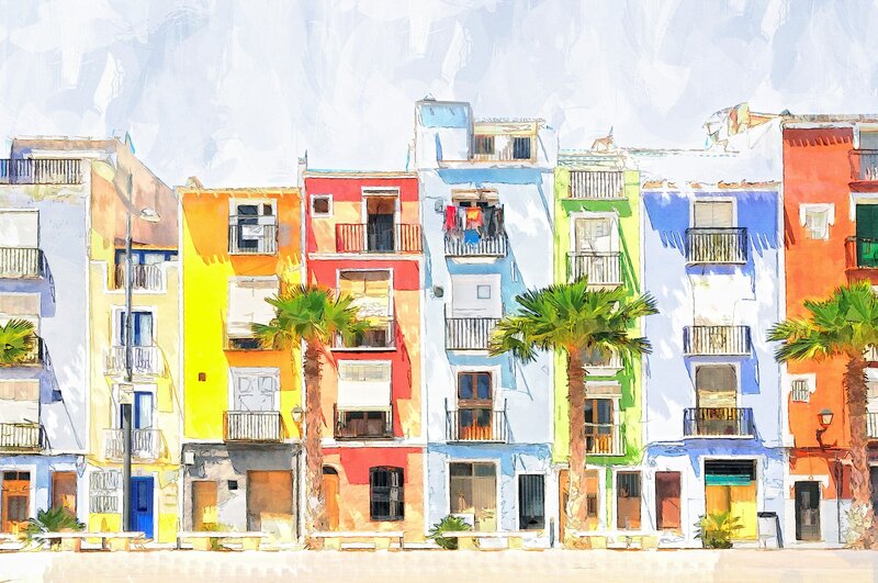 Colorful Buildings and Palm Trees