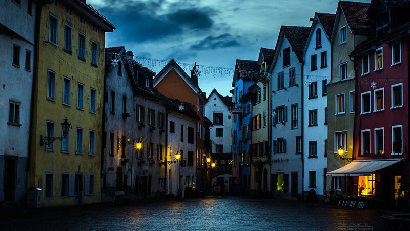 Colorful Buildings at Night — Blue, Dramatic, Photograph, Street Lights