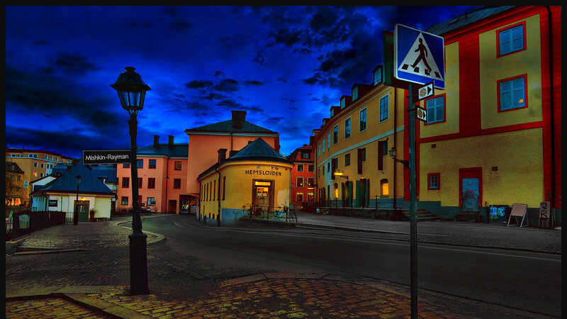 Colorful Buildings at Night — Blue