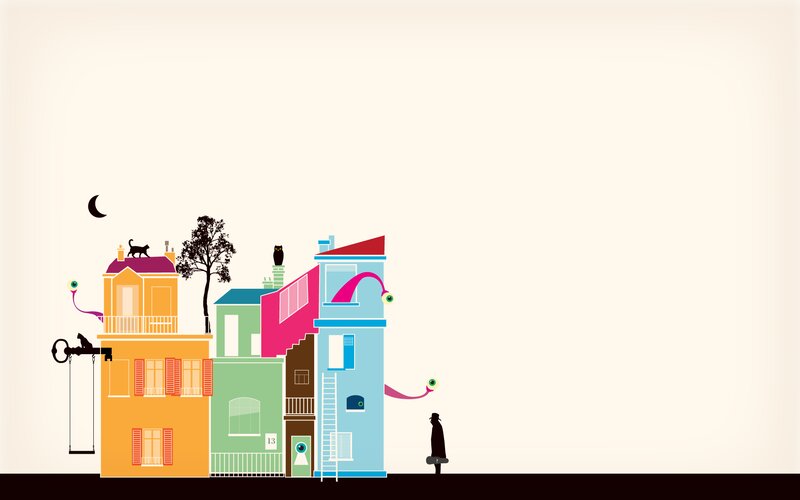 Colorful Buildings at Night — Yellow, Whimsical