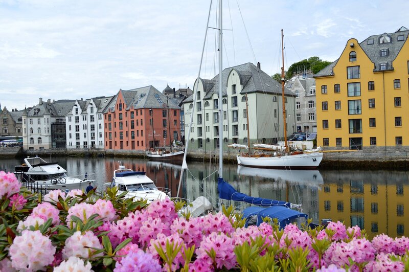 Colorful Buildings by Harbor — Yellow, Serene