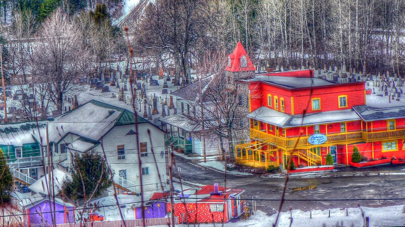 Colorful buildings in a snowy town