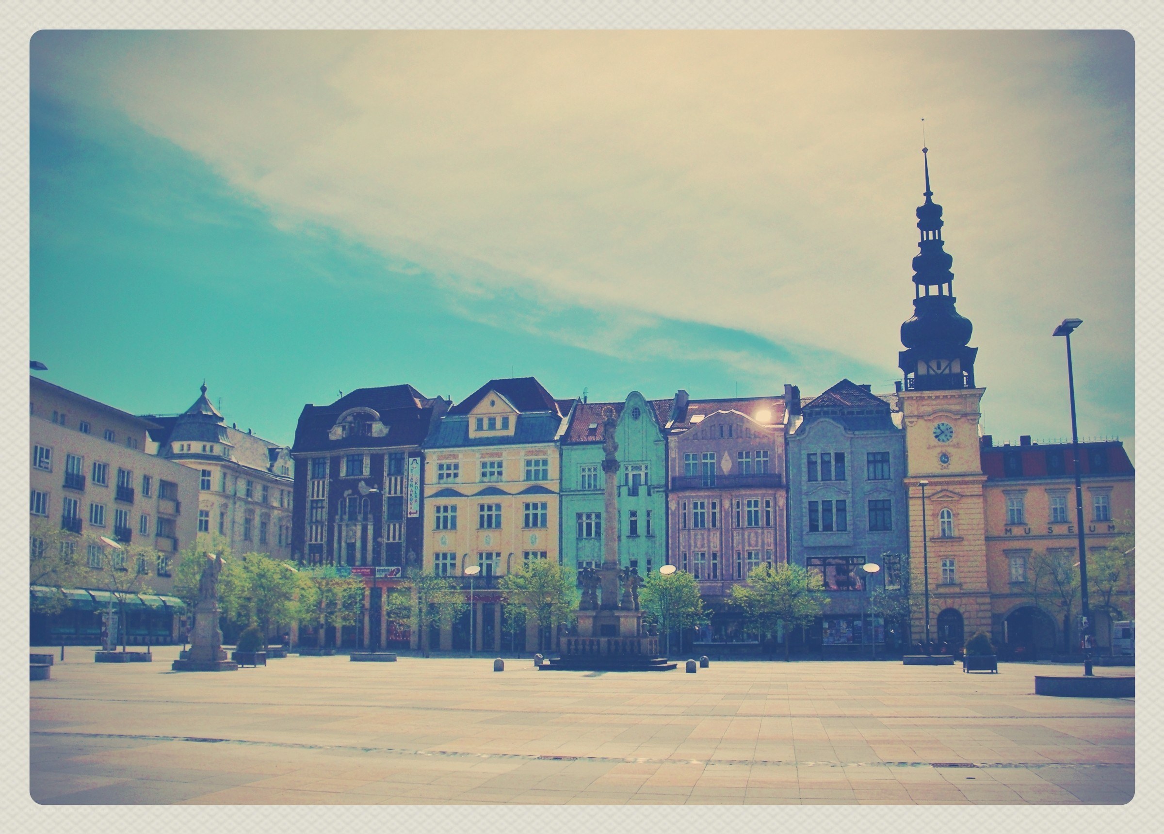 Colorful buildings in a town square