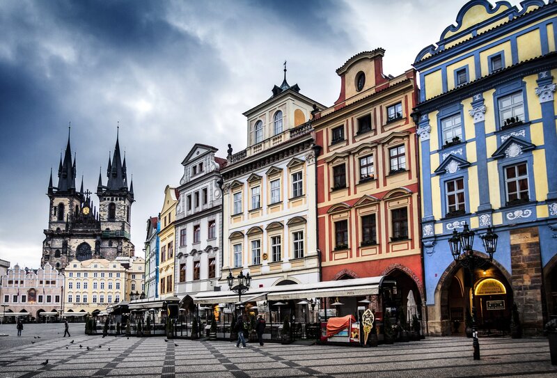 Colorful Buildings in Square — Blue, Dramatic, Afternoon