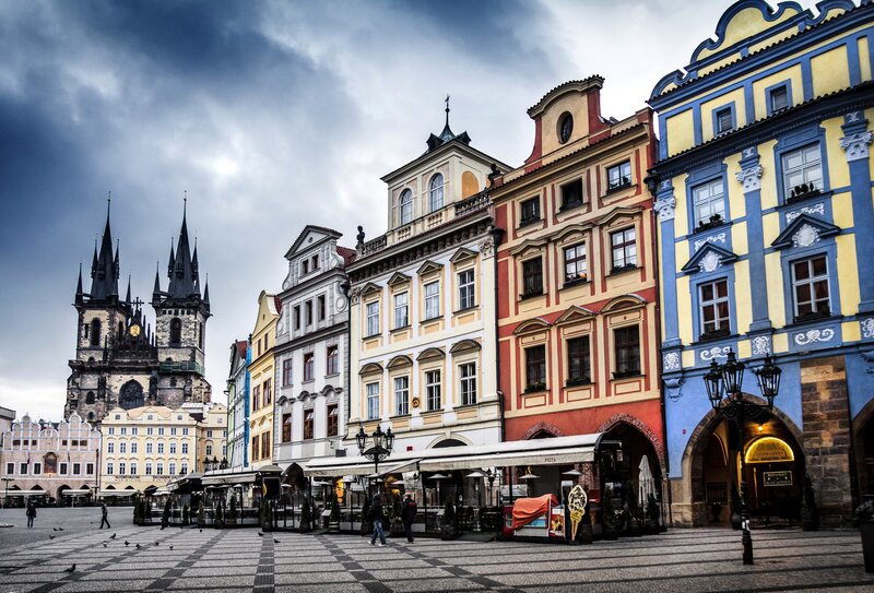 Colorful Buildings in Square — Blue, Dramatic