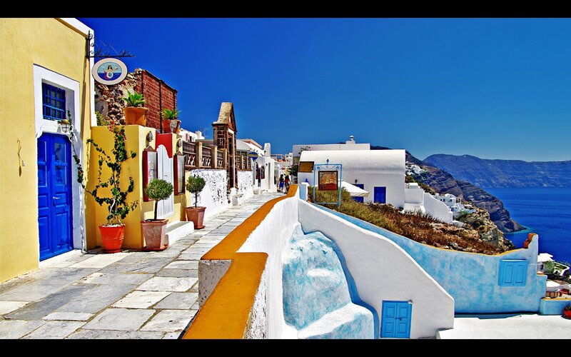 Colorful Buildings on Cliff — White, Serene