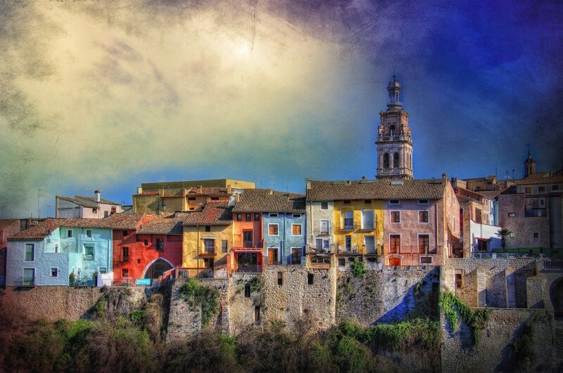 Colorful Buildings on Hillside — Blue, Dramatic
