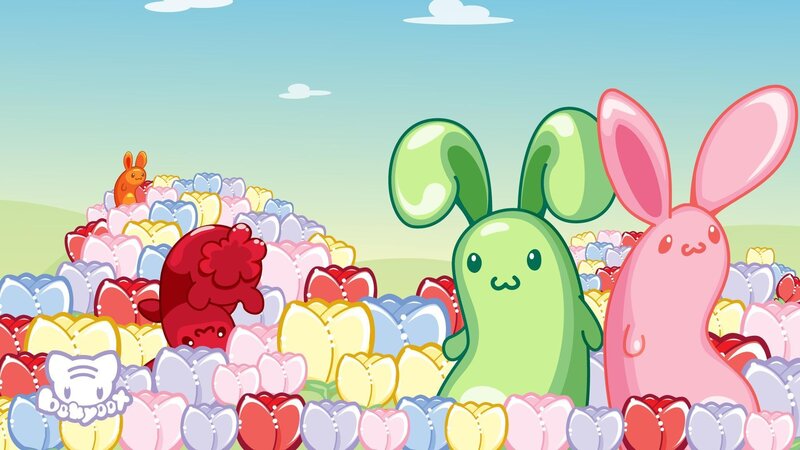 colorful bunnies in a flower field