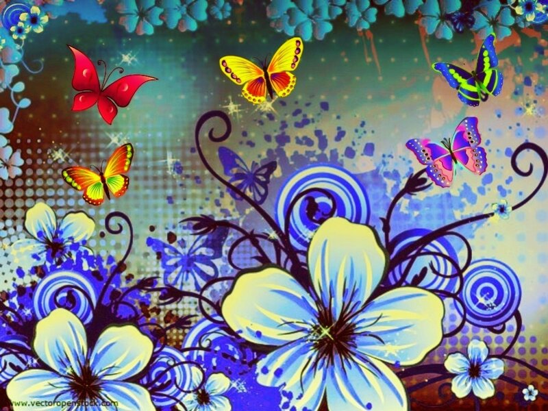 Colorful Butterflies and Flowers — Blue, Vibrant