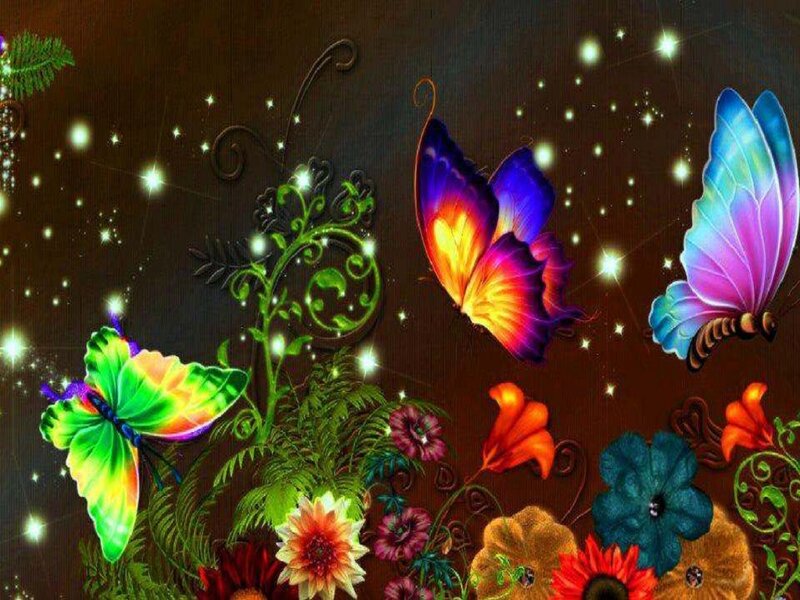 Colorful Butterflies and Flowers — Green