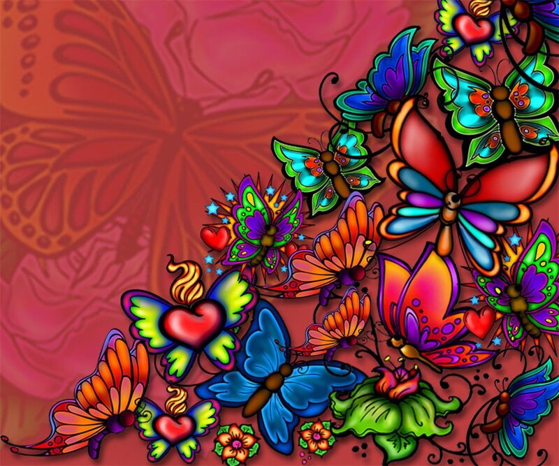 Colorful Butterflies and Hearts — Red, Vibrant
