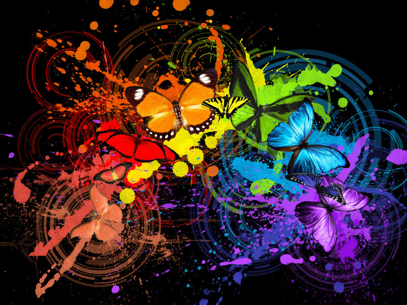 Colorful Butterflies — Black, Vibrant, Digital Art