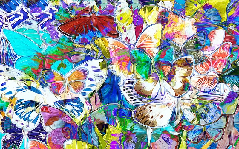 Colorful Butterflies — Blue, Vibrant, Digital Art, Flowers, Abstract Background