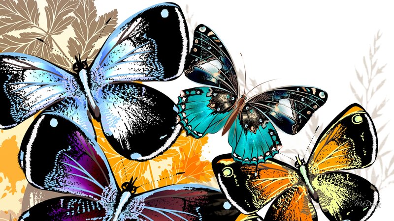 Colorful Butterflies — Blue, Vibrant, Digital Art, Leaves, Background Pattern