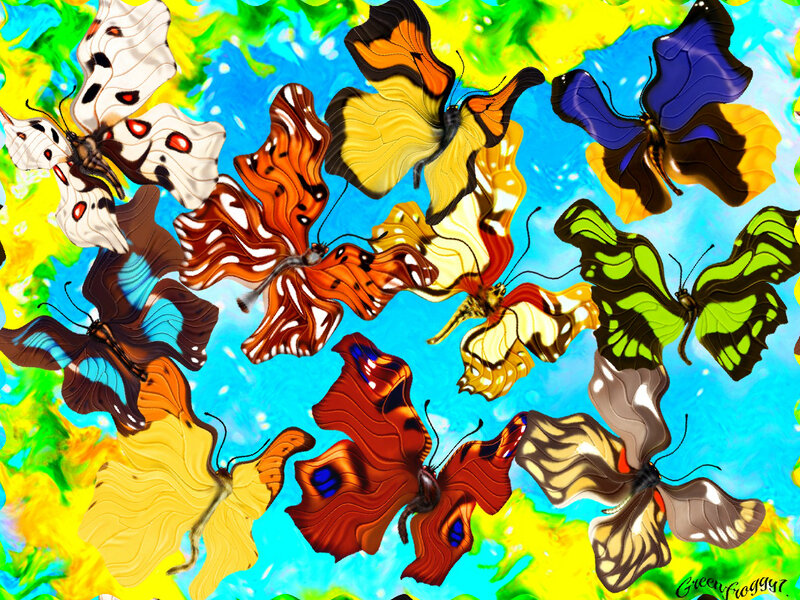 Colorful Butterflies — Blue, Vibrant, Digital Art, Sky