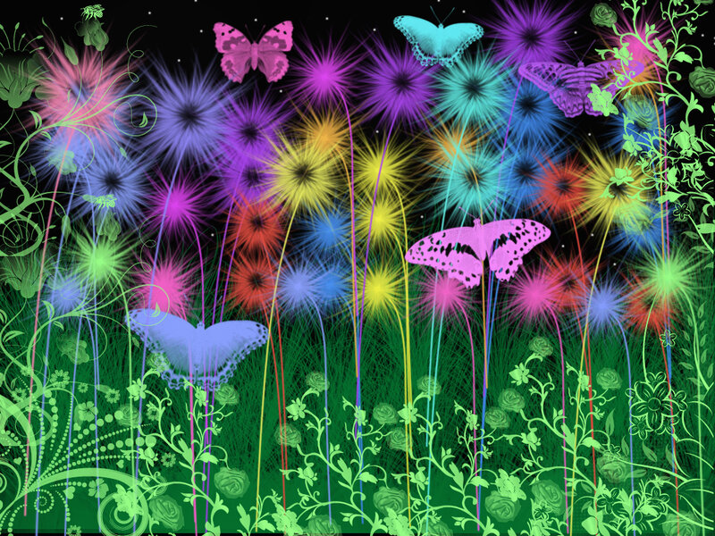 colorful butterflies in a neon garden