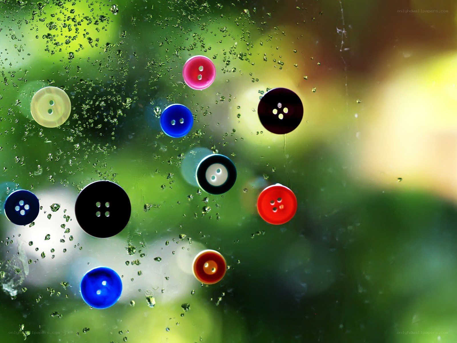 Colorful buttons on a rainy window