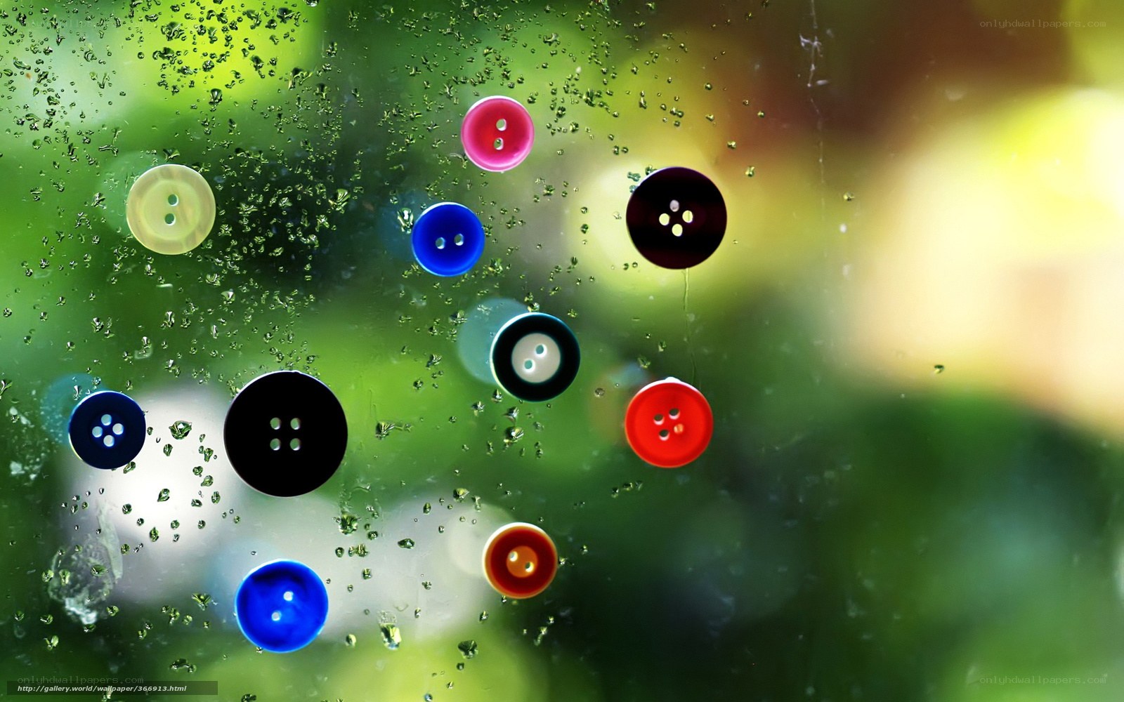 Colorful buttons on a rainy window