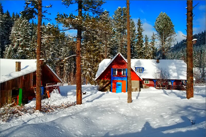 Colorful Cabin in Snow
