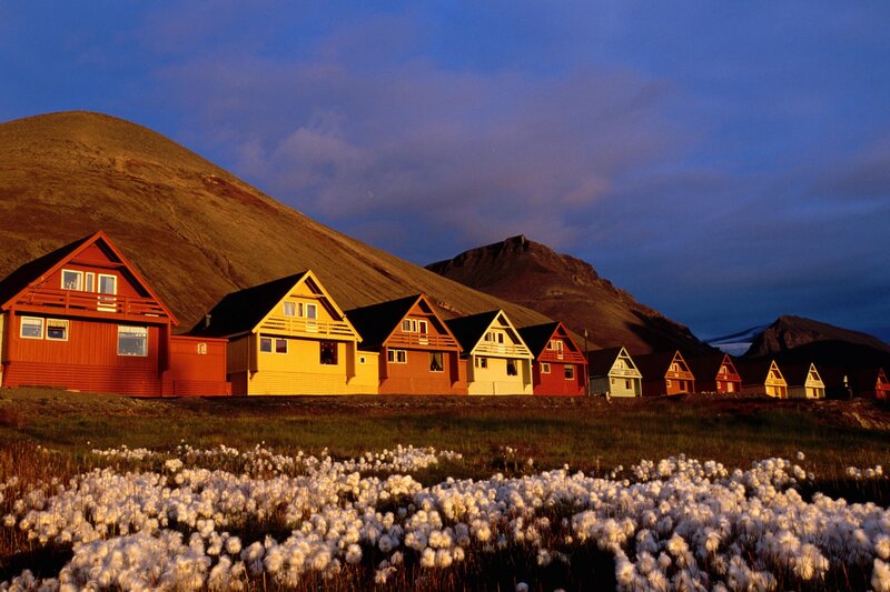 Colorful cabins in arctic landscape