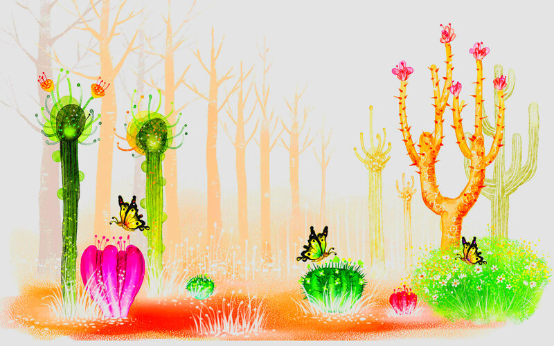 Colorful Cacti and Butterflies — Green