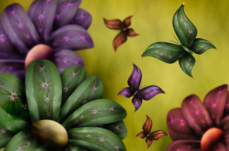 Colorful Cacti and Butterflies