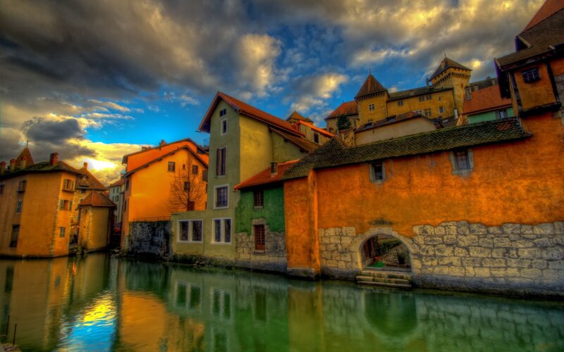 Colorful canal houses at sunset