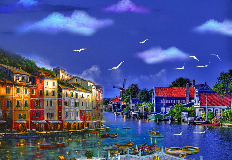 Colorful Canal Houses — Blue, Serene