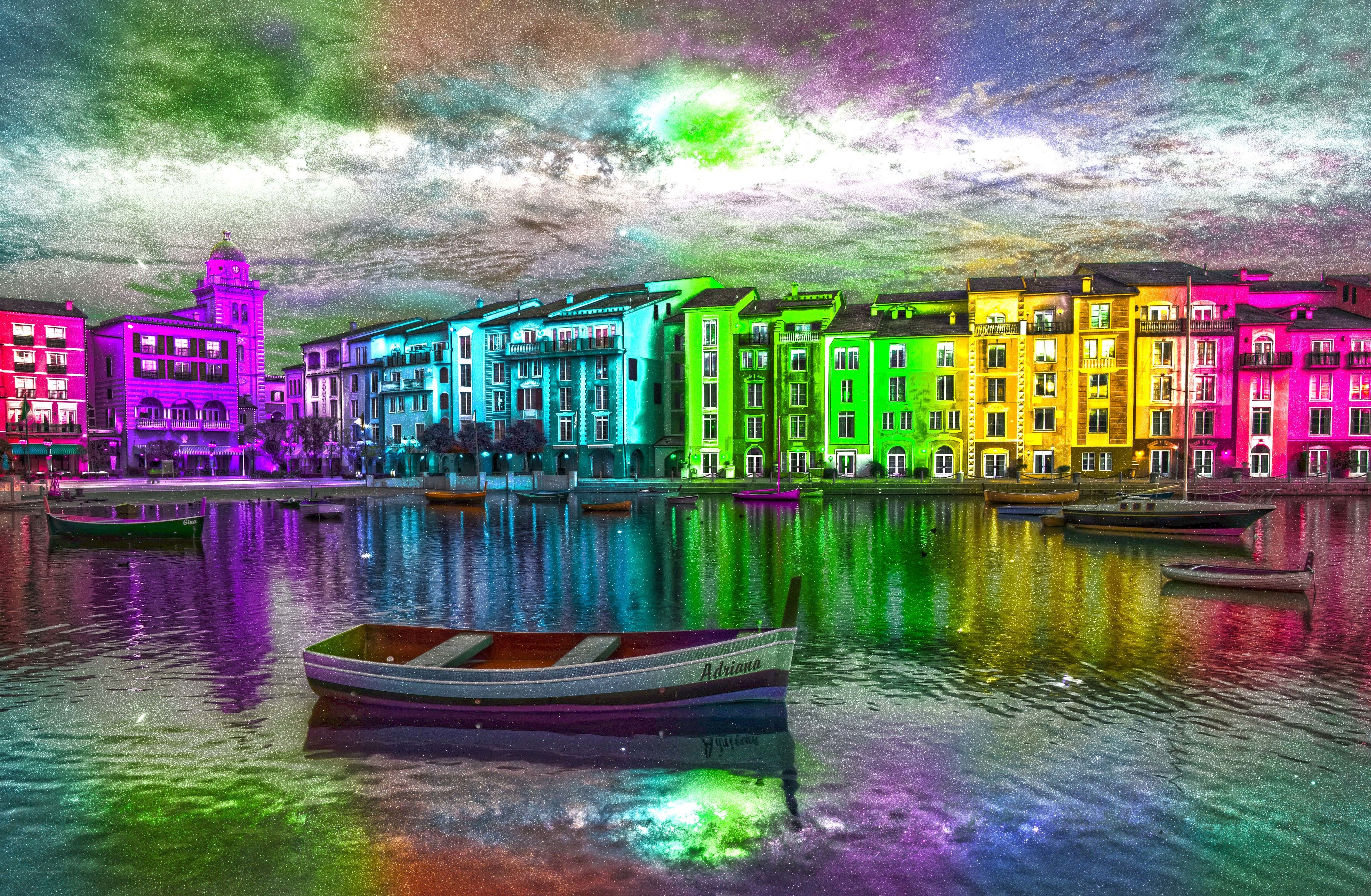 Colorful canal scene at night