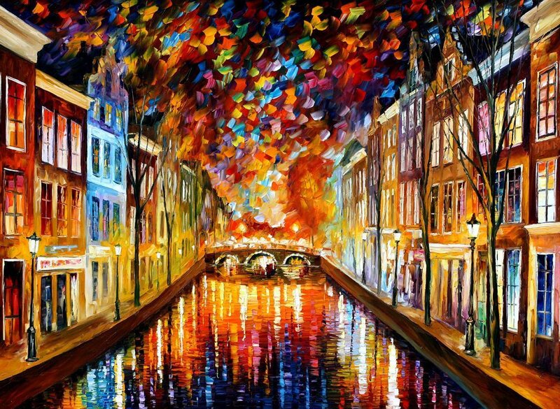Colorful canal street at night