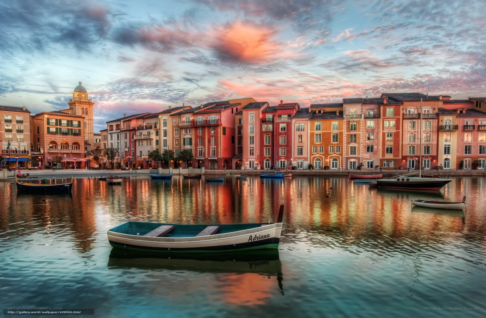 Colorful canal town at sunset