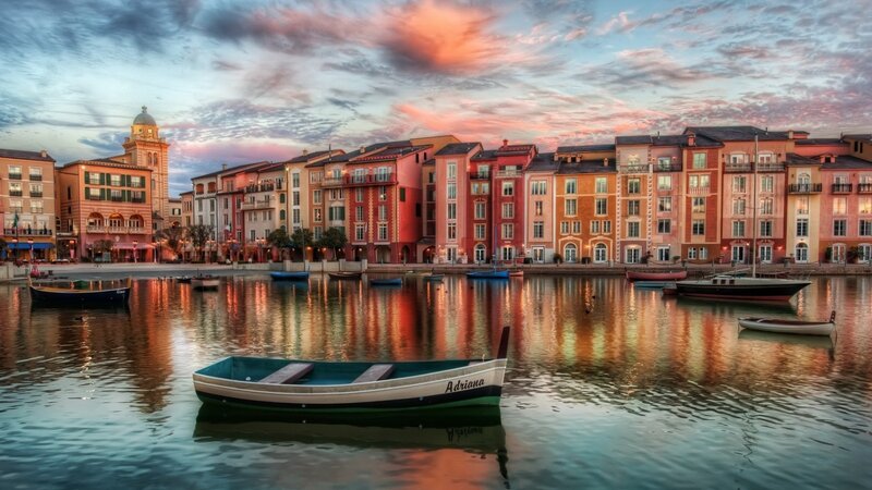 Colorful canal town at sunset