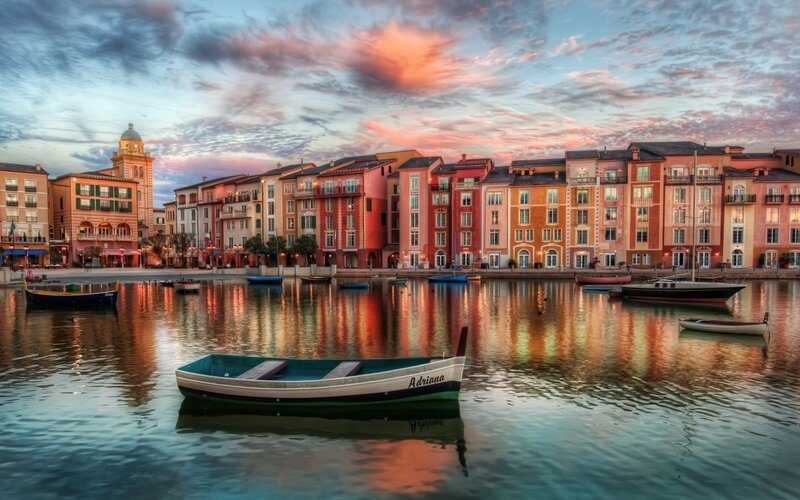 Colorful canal town at sunset