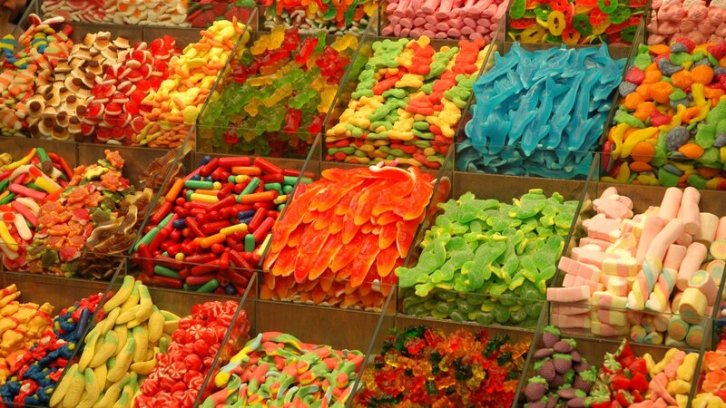 Colorful Candies in Bins