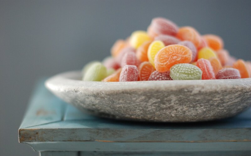 Colorful Candies in Bowl — Gray, Calm