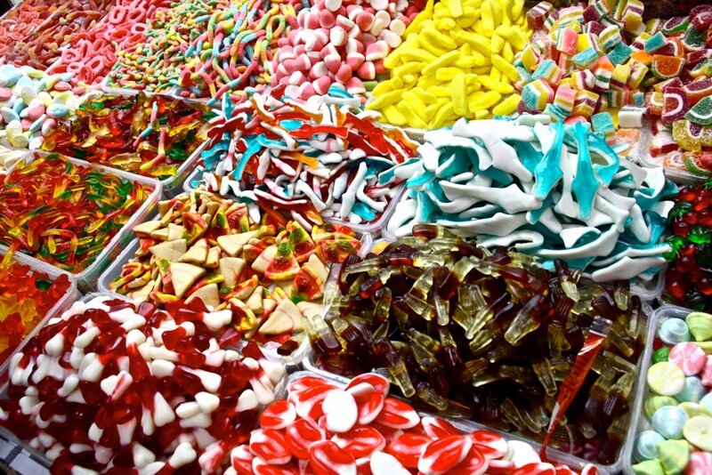 Colorful candy display at market