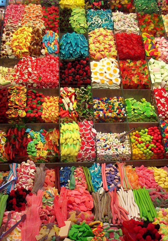 Colorful candy display at market
