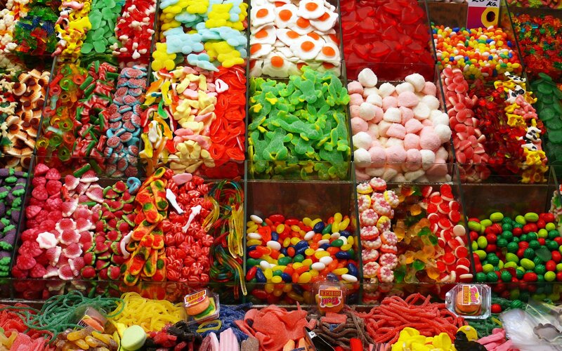 Colorful candy display at market