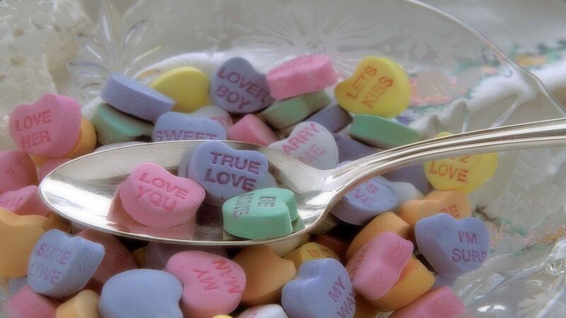 colorful candy hearts in a bowl