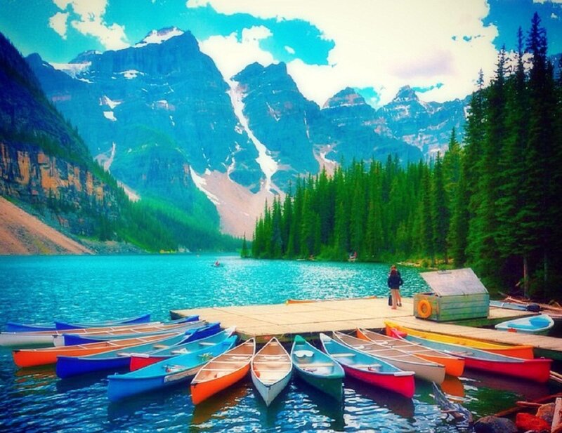 Colorful Canoes at Lake — Blue, Serene, Afternoon, Photograph