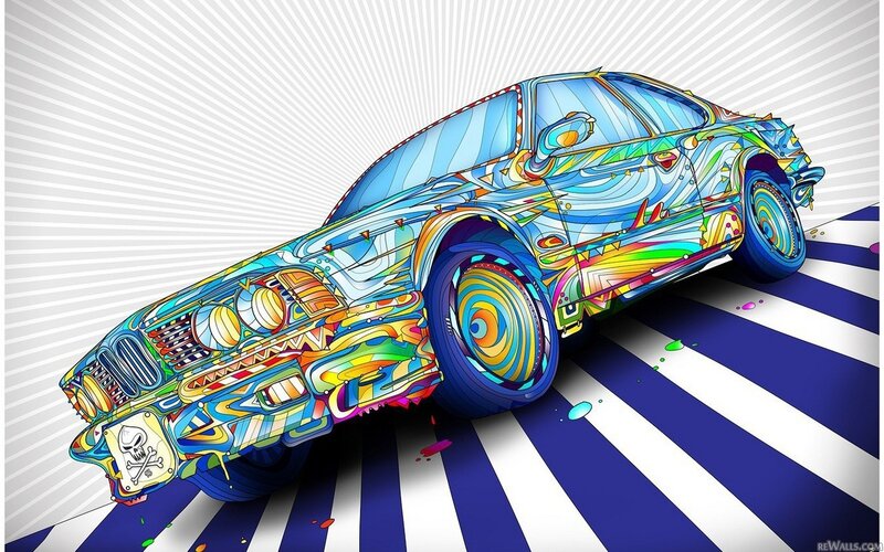 Colorful Car Illustration — Blue, Vibrant, Digital Art, Striped Floor, Radiating Background