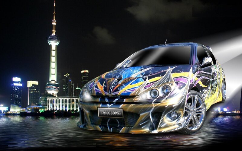 colorful car in city at night