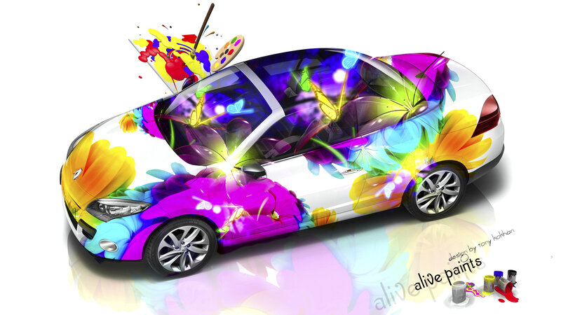 Colorful Car with Paint Splashes — White
