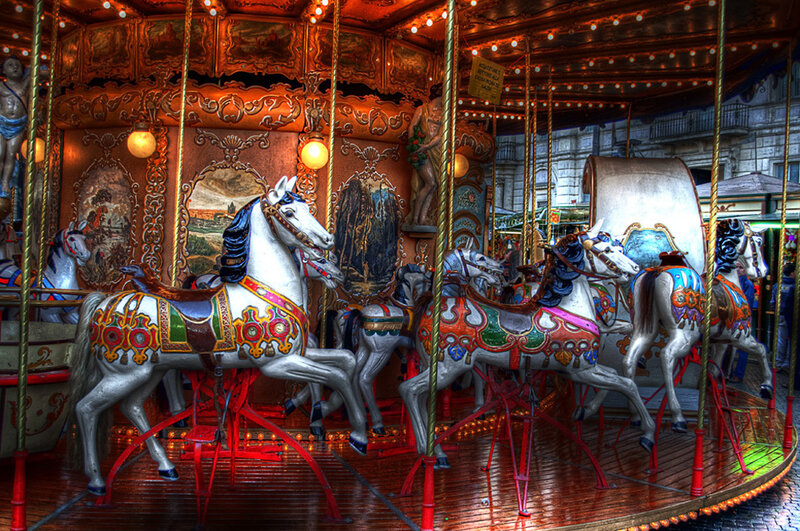 Colorful carousel with ornate horses